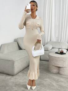 Chiquease Ruffle Trim Long Sleeve Knitted Dress, Slimming Effect, Autumn/Winter - Apricot - View 6