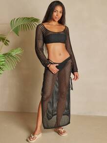SHEIN Slayr Black Open Shoulder Top With Side-Tie Hem Skirt Beach Cover Up Set Summer - Black - View 3
