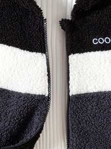 Áo hoodie nhung đen hai mặt cho bé trai Tween Boy có miếng vá lông màu trắng, viền chữ thêu, khóa kéo phía trước và cổ tay áo tương phản, thích hợp làm áo khoác ngoài thường ngày mùa đông, phù hợp cho anh chị em (bán riêng) - màu đen - Xem 4