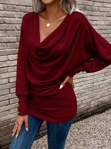 SHEIN Clasi Draped Collar Batwing Sleeve Tee Fall Cloth For Women - Burgundy - View 5