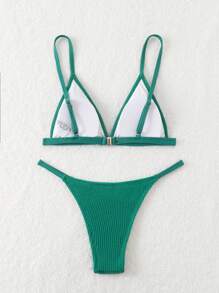 Swim Basics Women V-Neck Textured Fabric Bikini Set For Summer Beach Vacation - Teal Blue - View 2