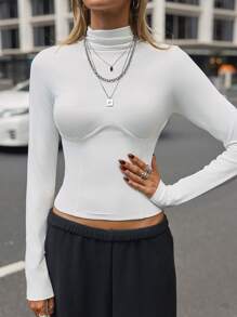 Hanevo 1pc Women's Fashionable Body-Fit Patchwork Ribbed Turtleneck Long Sleeve Undershirt Top Sportwear For Daily Wear Fall Cloth For Women - White - View 7