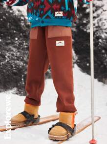 SHEIN Tween Boy Color-Block Splicing Pockets Warm Sweatpants For Autumn/Winter