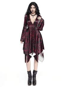 ROMWE Goth Women Deep V-Neck Allover Print Asymmetric Hem Long Sleeve Mini Dress - Black - View 4