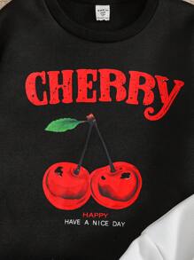 2pcs/Set Tween Girl Cherry Print Loose Fit Crew Neck Pullover Sweatshirt Set - Multicolor - View 4