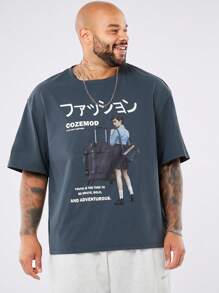 Manfinity VCAY Camiseta de manga corta de cuello redondo, suelta y casual con estampado de maleta, para talla grande, para salir - Gris - Ver 3