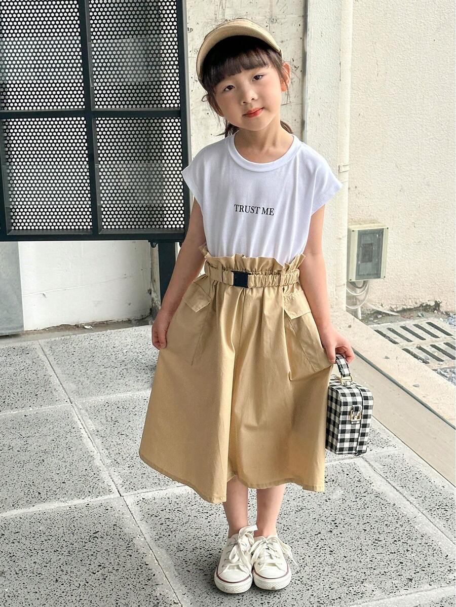 SHEIN Robe kaki décontractée pour jeune fille sans manches avec poche et bloc de couleurs contrastantes, été - Kaki - Voir 1