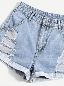 SHEIN EZwear Solid Color Distressed Pocket Casual Versatile Denim Shorts - Light Wash - View 4
