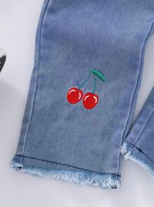 SHEIN 2pcs/Set Young Girl Retro 2 In 1 T-Shirt With Cherry Embroidered Denim Pants - Multicolor - View 7