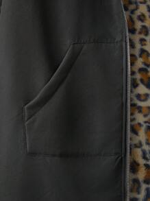 SHEIN 大码休闲豹纹撞色拼布连帽大衣 - 黑色 - 查看 4