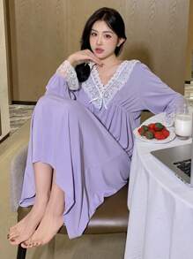 DAZY 可爱蕾丝边褶皱聚拢腰泡泡袖睡袍睡衣