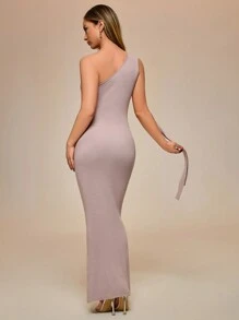 Glamine Damen schulterfrei ärmelloses Binde Lässig Slim Fit Strickkleid - Aprikosenfarben - Übersicht 2