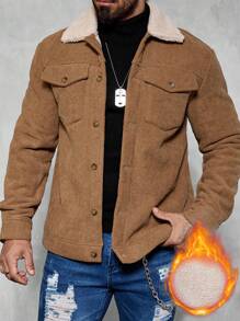 Manfinity Homme 男士休闲灯芯绒保暖内衬夹克，秋冬季外出保暖长袖卡其色拼色夹克，适合朋友、丈夫、男朋友的礼物 - 咖啡棕 - 查看 7