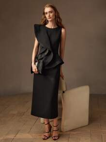MOTF PREMIUM SOLID LAYERED RUFFLE TRIM PEPLUM WAIST MIDI DRESS - Black - View 5