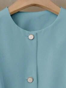 SHEIN LUNE 女士纯色前扣长袖口袋休闲西装外套 - 淺藍色 - 查看 4