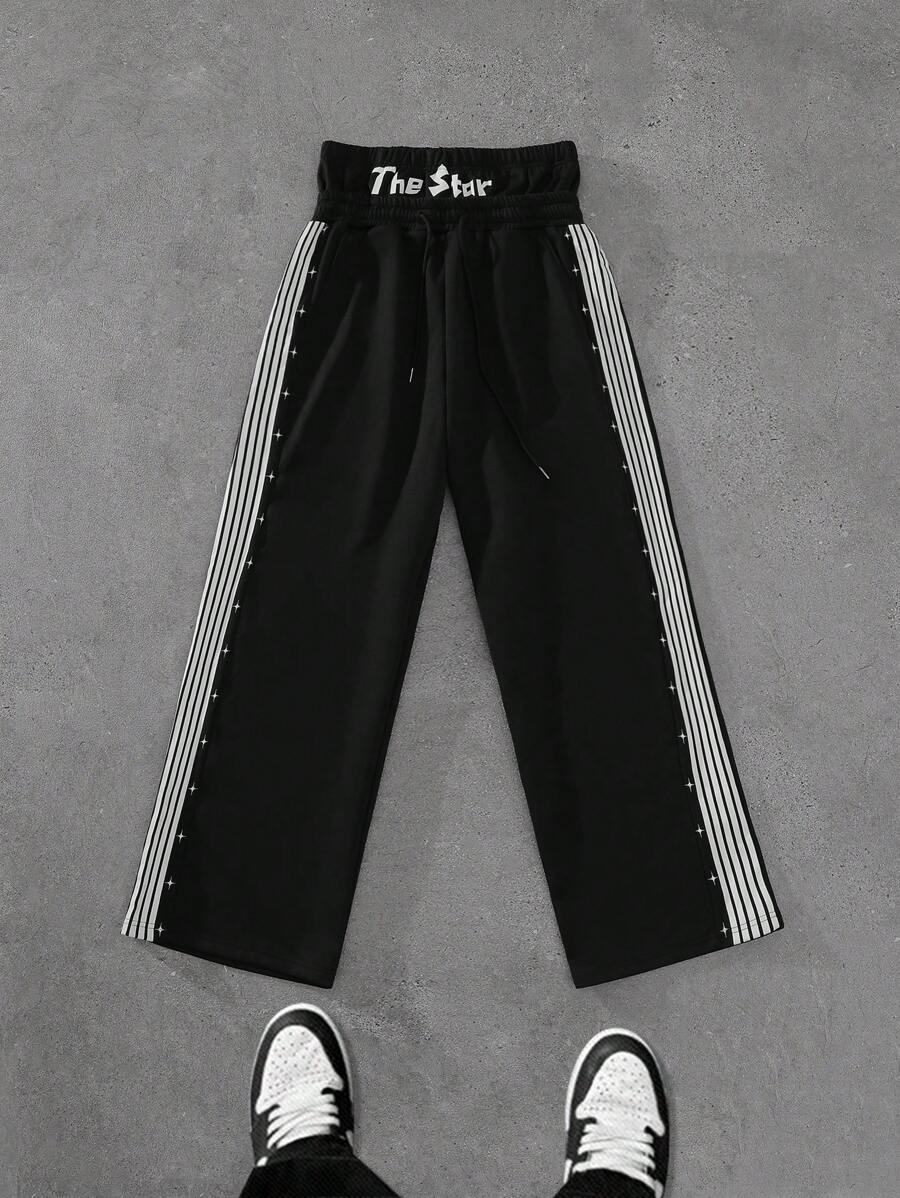 PAVTROS Manfinity Streetrush Men Letter Print Side Stripe Relaxed Casual Sweatpants, Long Street Wear Baggy Color Block Sweatpants, For Husband, Boyfriend Gifts - Yellow - View 1