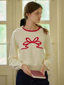 Simple Retro Áo len cổ tròn màu sắc Bowknot Clash dành cho nữ - Màu be - Xem 5