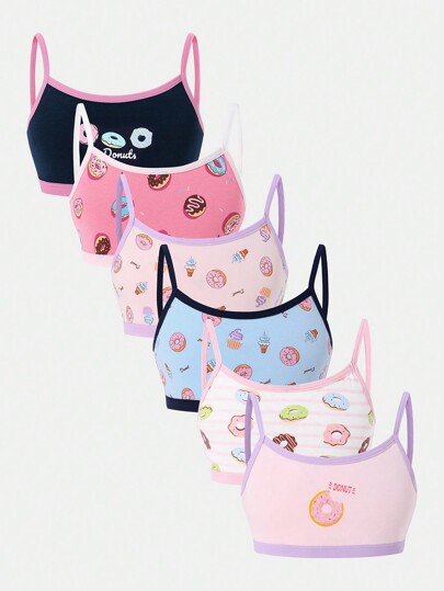 6pcs Young Girl Minimalist Stylish Donut Print 100% Cotton Camisole Vest Underwear Set,Summer,Travel