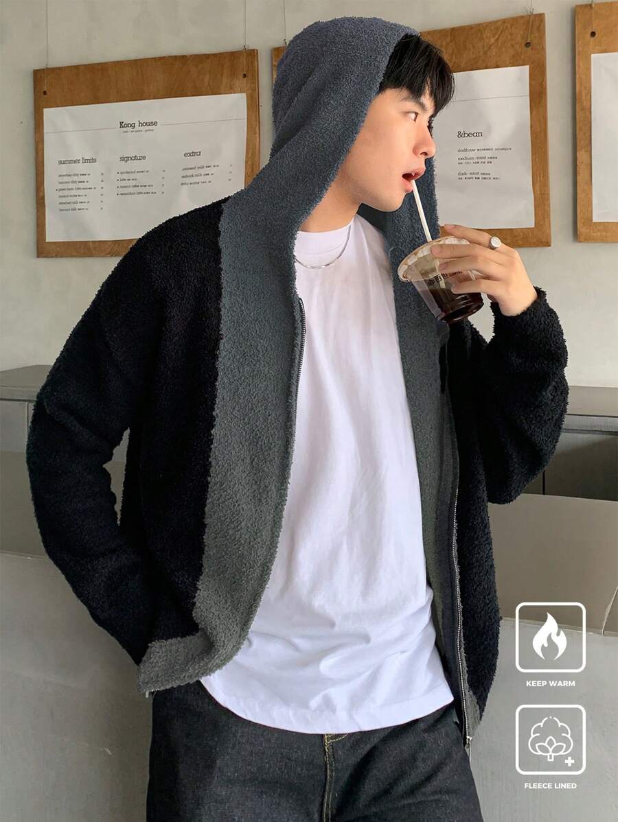 Claim Dot 男士撞色拉链连帽休闲开衫，秋季 - 黑色 - 查看 1