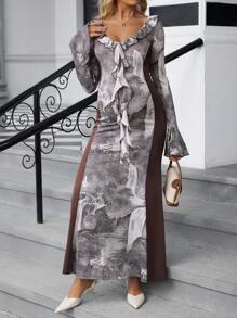 SHEIN Vestido de maternidad con cuello y mangas con volantes elegantes, cintura ajustada con lazo, estampado de pintura de paisaje, moda para salidas, sesiones de fotos, té por la tarde, para fiestas