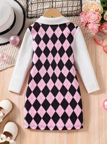 SHEIN Young Girl Casual Rhombus Printed Splice Long Sleeve Shirt Dress