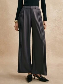 Poéselle Pantalones casuales rectos con pliegues de unicolor para mujeres, uso diario, elegantes y encantadores, ropa de otoño e invierno, adecuados para uso diario, calle, ir a trabajar, citas y otras ocasiones - Gris - Ver 2