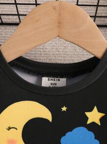 SHEIN Leap Crew 2 件装男婴可爱大象和月亮图案针织柔软舒适长袖上衣和裤子贴身睡衣套装 - 彩色 - 查看 6