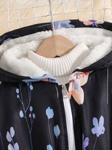 Tween Girl Floral Print Zip-Up Fleece Hoodie Jacket - Black - View 6