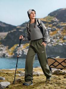 In My Nature Women's Front Tie Pocket Letter Print Casual Hiking Pants, Minimalist Design - Army Green - View 8