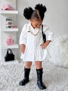 SHEIN Explorewe 女婴休闲日常街头时尚酷女孩图案长袖褶皱连衣裙，适合秋冬季外出、幼儿园，适合宝宝的时尚造型 - 白色 - 查看 6