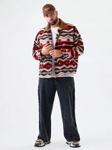 Manfinity VCAY Plus Size Men's Casual Loose Jacquard Long Sleeve Jacket, For Fall Winter - Bronze - View 4