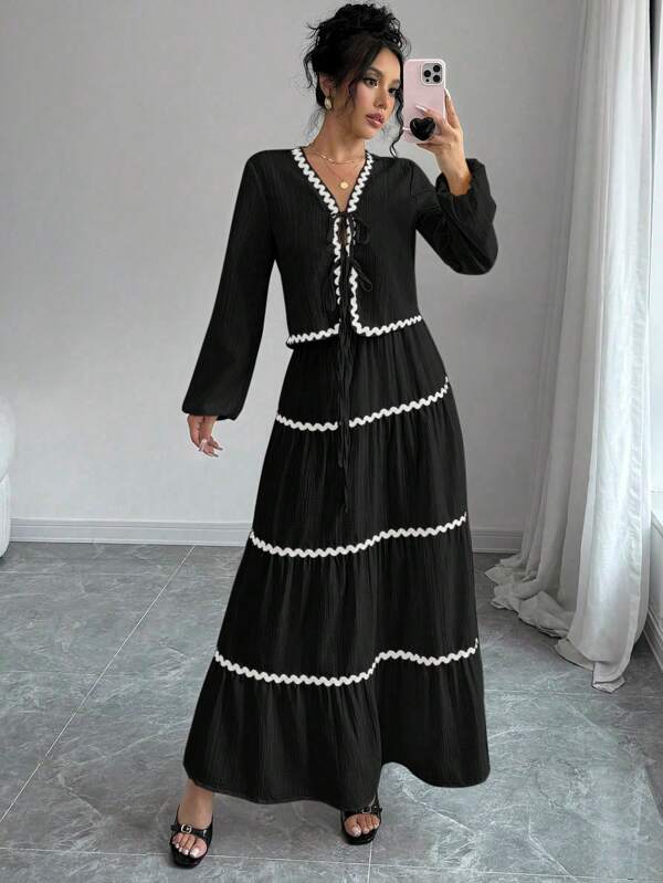 Elenzga 2pcs Set: French Elegant Lantern Sleeve Round Neck Wavy Ruffle Trim Bowknot Blouse + Skirt
