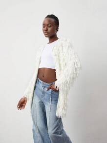 TRNVIE 1pc Women's Chic Casual Long Knitted Cardigan With Textured Fringe, White, Suitable For Party, Autumn/Winter - Beige - View 3