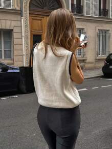 Chiquease 女士纯色圆领扭纹针织优雅无袖毛衣背心 - 杏色 - 查看 2