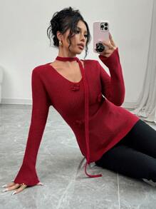 Elenzga 1 pieza Suéter de mujer con cuello en V de manga larga y ajustado