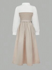 青少年女孩优雅长袖衬衫领连衣裙，二合一设计，非常适合春季、秋季和冬季的休闲和通勤穿着