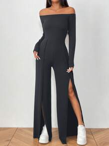 SHEIN Unity Black Off Shoulder Long Sleeve Straight-Leg Jumpsuit With Front High Split