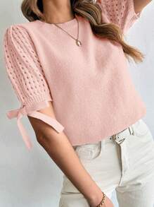 SHEIN LUNE 女款常规款镂空系带袖针织上衣 - 粉色 - 查看 6