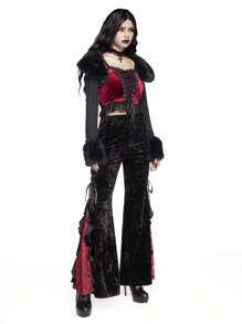 ROMWE Goth 哥特式神秘宫殿奢华对比蕾丝蝴蝶结和荷叶边下摆喇叭裤 - 黑色 - 查看 6