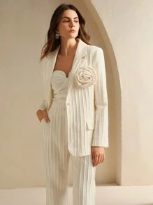 Anewsta Bộ vest blazer hoa 3D xếp ly thời trang dành cho nữ - trắng - Xem 7