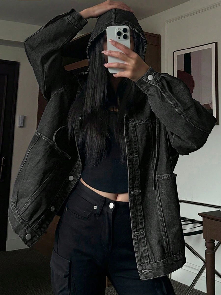 Dazy Star Women's Drop Shoulder Long Sleeve Single-Breasted Pocket Loose Casual Hooded Denim Jacket, Autumn - Black - View 1