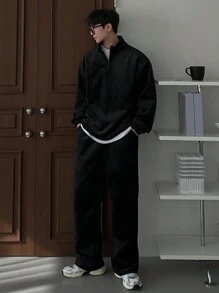 DAZY Men Solid Color Stand Collar Top And Pants Set, Casual For Autumn Quarter Zip Men - Black - View 2