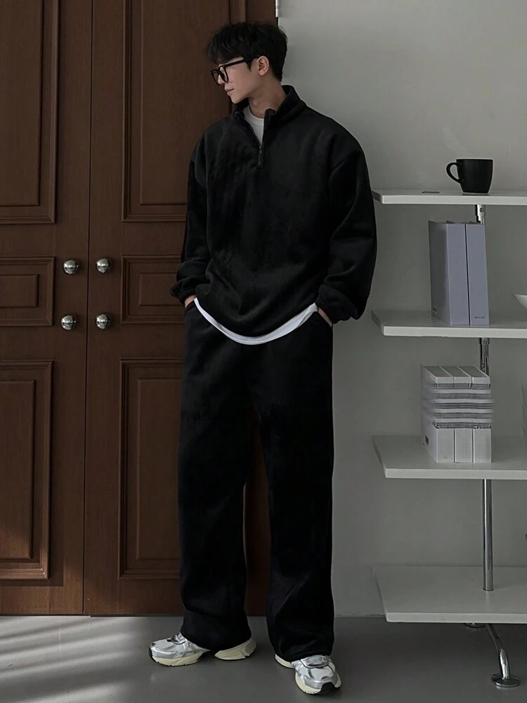 Men Solid Color Stand Collar Top And Pants Set, Casual For Autumn Quarter Zip Men