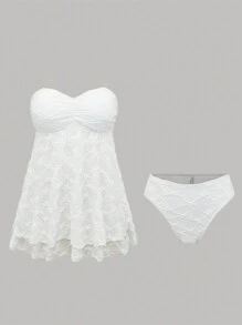 Swim Mod Bộ 2 chiếc/Bộ Bikini hai dây màu trắng, Áo dệt kim có họa tiết xếp nếp và Quần bikini khoét sâu hở lưng mùa hè - trắng - Xem 2
