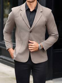 Manfinity Mode Men's Button Front Lapel Collar Long Sleeve Pocket Casual Business Blazer - Camel - View 1