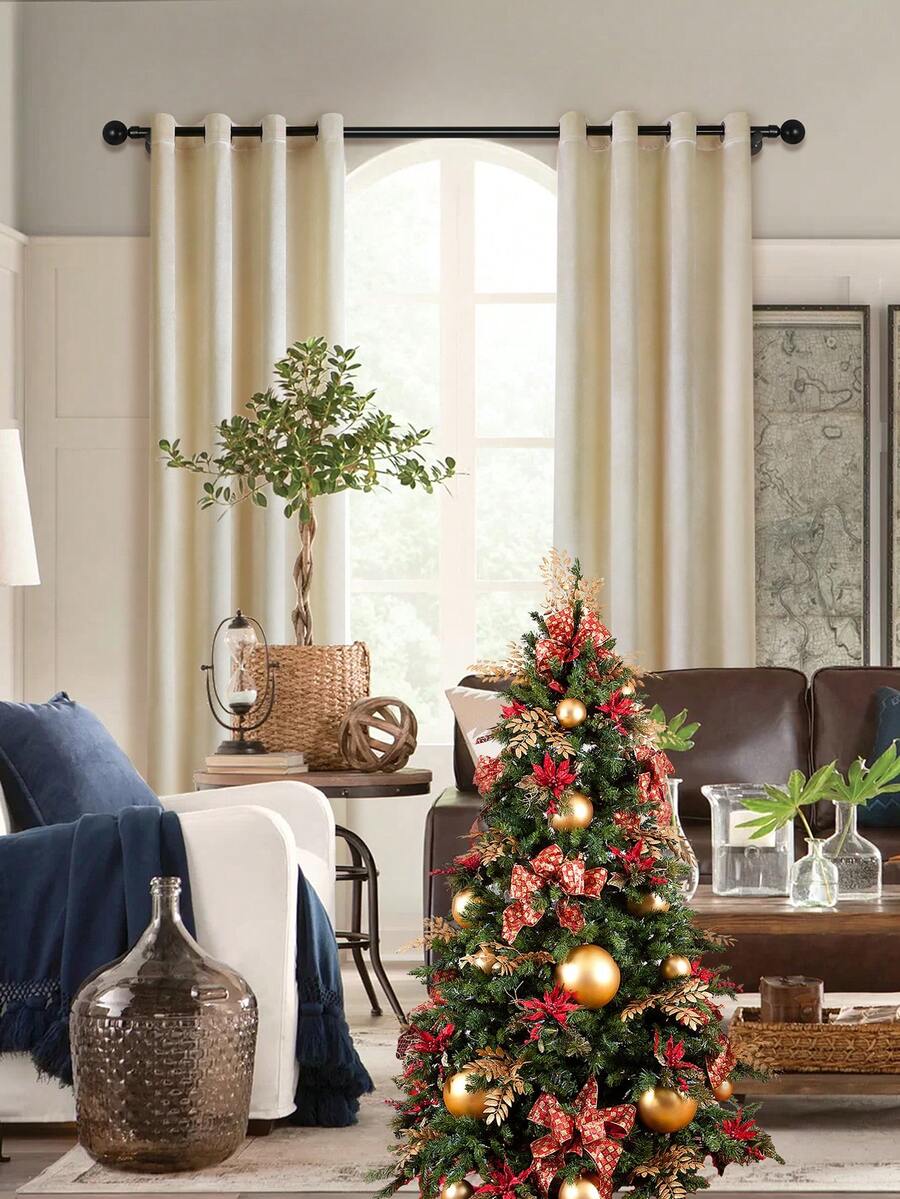 1 件厚穿孔窗帘，意大利蓬松材料，欧式隔热窗帘，适用于客厅、卧室窗户和门、派对和活动装饰 - 米色 - 查看 1