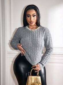 Zolique New Handmade Beaded Pearl Collar Grey Twist Pattern Elegant & Sexy Women Sweater, Crew Neck, Long Sleeve, Autumn/Winter Knit Pullover Fall Outfit