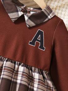 SHEIN Young Girl Vintage Letter Print Long Sleeve Splice Ruffle Collared Top + Vintage Plaid Splice A-Line Dress 2pcs Set - Brown - View 4