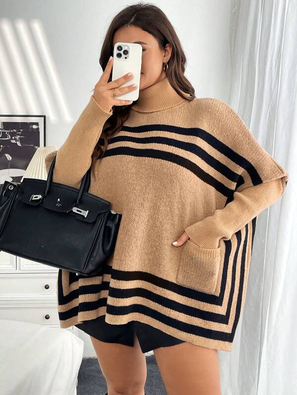 SHEIN Essnce Plus Size Women's Spring And Summer Fall Women Christmas Formal Sweater Business Casual Women Turtleneck Top Elegant Women Thanksgiving Women Turtleneck Long Sleeve Professional Fashionable And Elegant Commuter Khaki Cape Style Loose Pocket Turtleneck Pullover Sweater Knitted Women Sweater