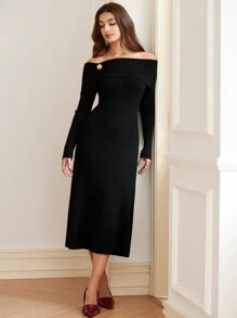 Aveloria Women Off-Shoulder 3D Floral Sweater Dress, Autumn/Winter Fall Cloth For Women - Black - View 4